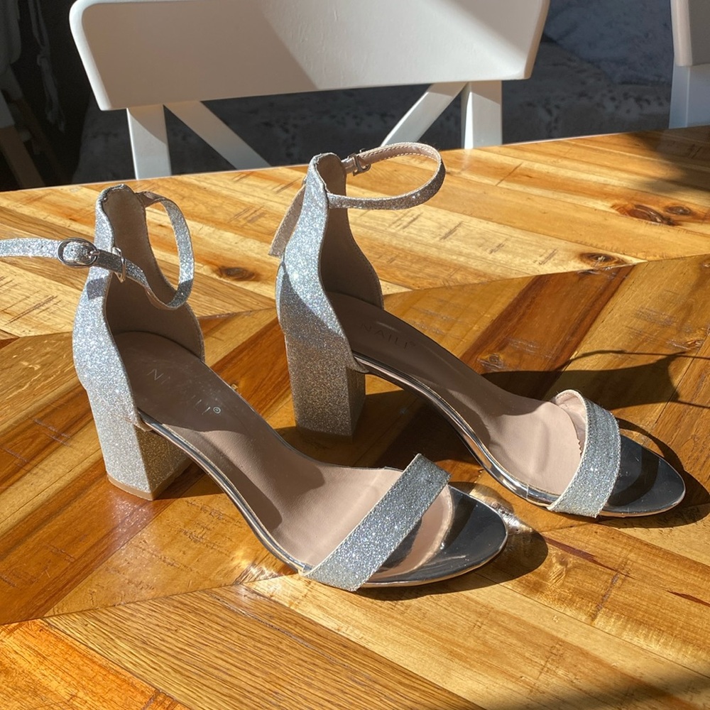 Annaili silver sparkly heeled sandals